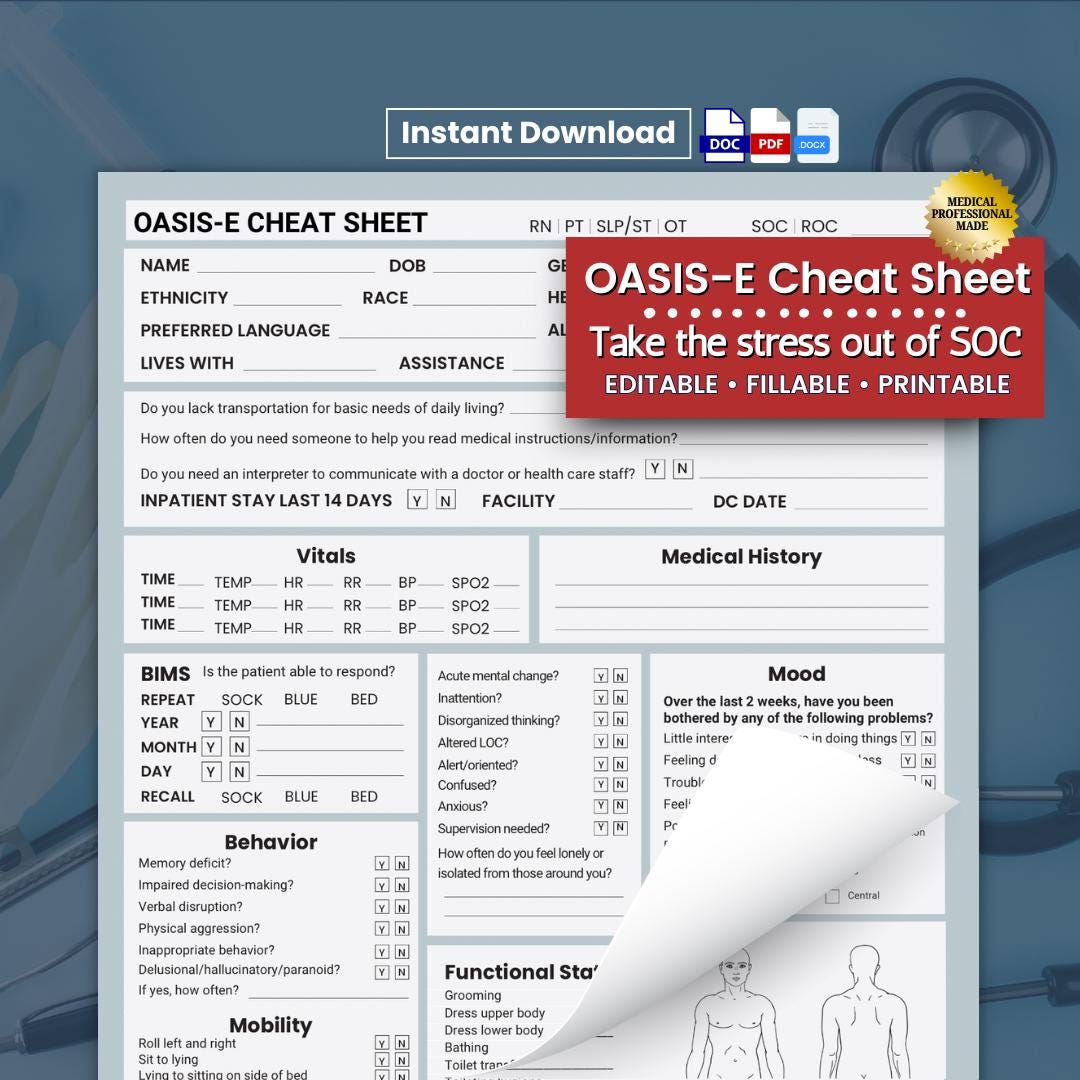 Oasis E Cheat Sheet Start of Care Nurse Forms SOC Assessment Guide Oasis E Cheat Sheet Start of Care Nurse Forms SOC Assessment Guide