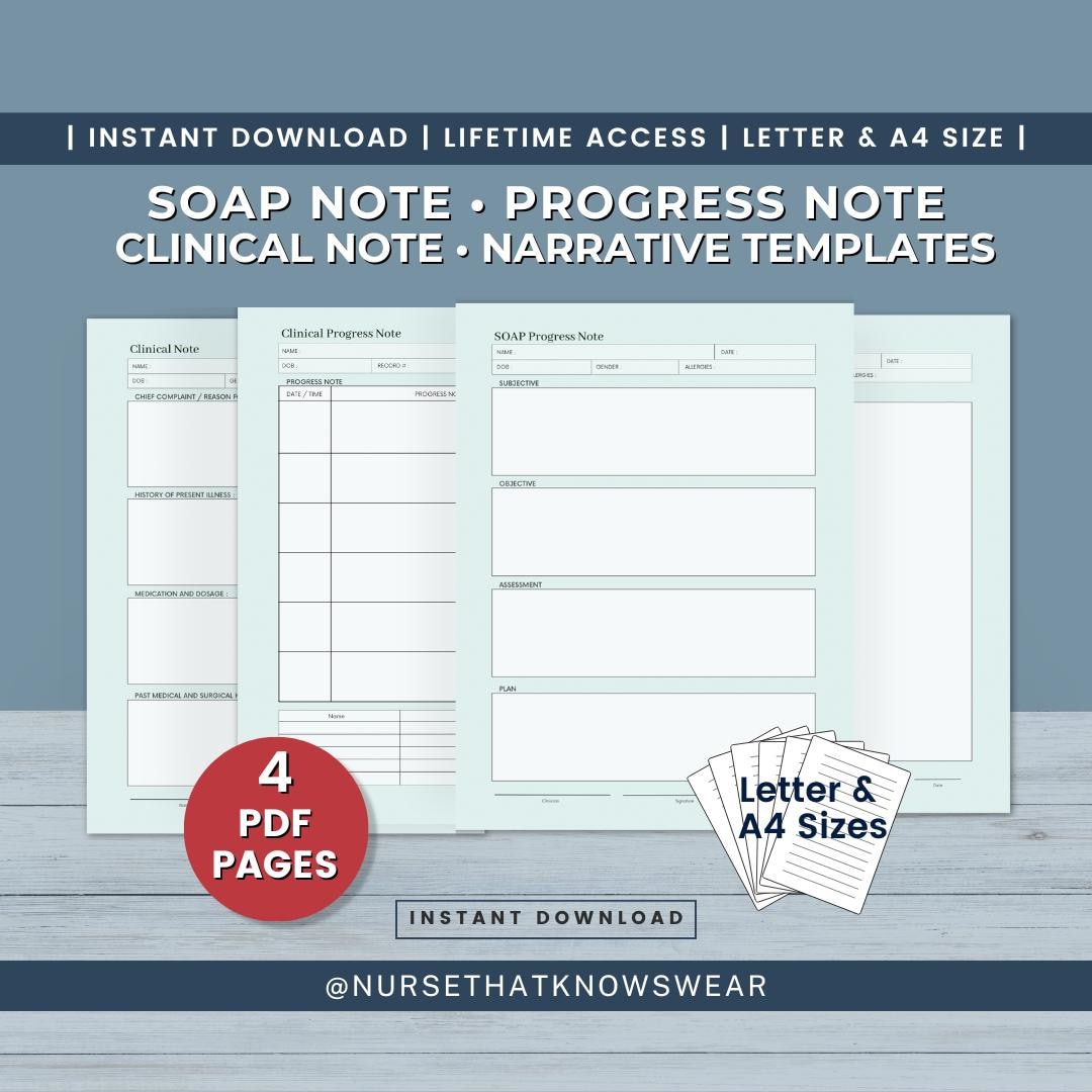SOAP Clinical Progress Note & Simple Narrative Note Templates, Nursing ...