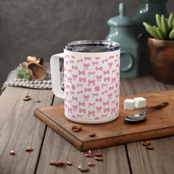 Trendy Pink Coquette Hairbows Insulated Coffee Mug, 10oz|Preppy Art|Chinoiserie Art|Birthday Party Gift|Mothers Day Gift|Coquette Style