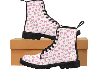 Trendy Pink Coquette Hairbows Women's Canvas Boots|Preppy Art|Chinoiserie Art|Birthday Party Gift|Mothers Day Gift|Coquette Style