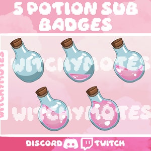 5x Cute Pink Magic Potion Bottle Sub / Bit / Channel Point Badge For Streamers Twitch Girly Egirl Aesthetic Gamer Bundle Pack Logo Emote