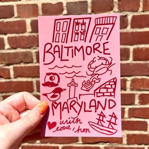 Postal de Baltimore / Postal de arte pop / Tarjeta de 4x6 / Marylander, rojo, postal del estado de EE. UU. / Ciudad encantadora, casa adosada, Hon, cangrejos / Bandera de Maryland