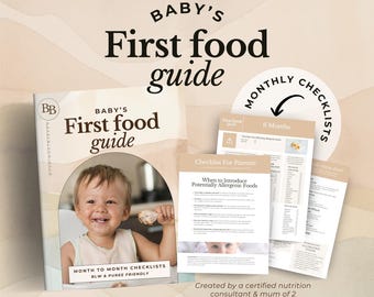 Rastreador de primeros alimentos Tabla de alimentos para bebés Lista de verificación para comenzar con sólidos Planificador de comidas para bebés Introducción de alérgenos Tabla de destete dirigido por el bebé Primer alimento para el bebé