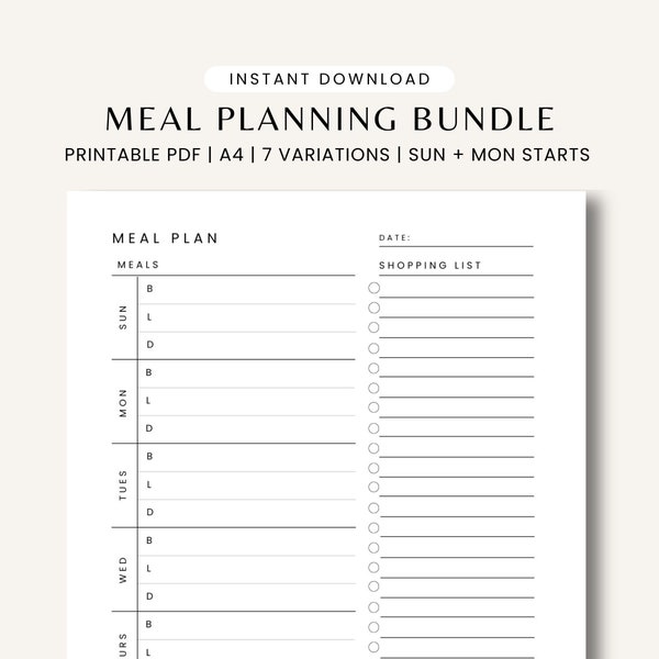 Minimalistischer Mahlzeitenplaner Printable Food Planner Einkaufsplan Vorlage Einkaufsliste 7 Tage Menüplaner Wöchentlicher Speiseplan PDF Print