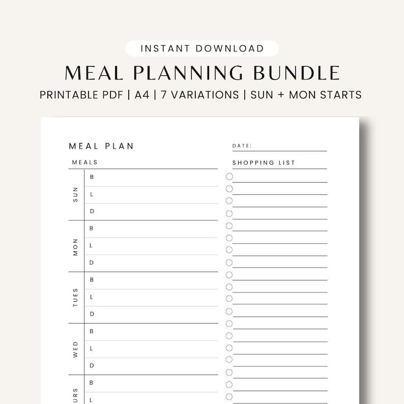 Minimalist Meal Planner Printable Food Plan Template Grocery Shopping ...