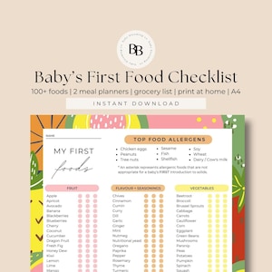 Afdrukbare babyvoeding-tracker Babymaaltijdplan Eerste voedselchecklist baby-voedingsschema voor baby's spenen BLW downloadbare gids