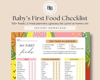 Baby First Food Tracker | Baby Food Chart | Baby Led Weaning pdf Checklist Starting Solids Planner Baby Allergen Chart BLW pdf Guide