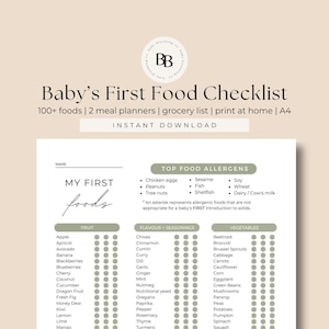 Checklist babyvoeding Starten met vaste stoffen Tracker Eerste voedingsplan 6 maanden oud olijfgroen babyled spenen Trackingschema voor baby's Babyplanner afdrukbaar