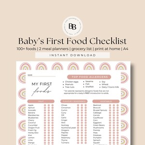 Baby's First Food Maaltijdtracker Checklist vaste stoffen voor baby's Led-schema voor baby's spenen Afdrukbare pdf-bestand voor babytracking Pastel regenboog babyplanner