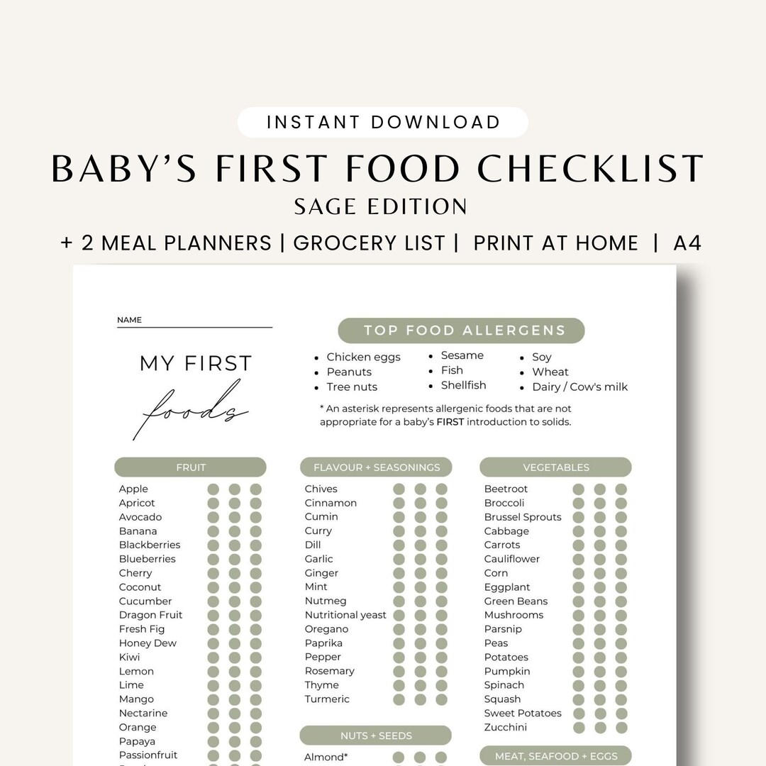 101 Before One Baby Food Starting Solids Tracker First Food Checklist Olive Sage Green Baby Led