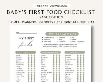 101 before one Sage Green Baby Food Starting Solids Tracker First Food Checklist Olive Baby Led Weaning Infant Tracking Chart Baby Planner