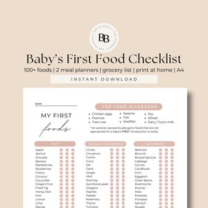 Neutrale babymaaltijdtracker First Foods Starten met vaste stoffen Checklist eerste voeding Baby led spenen Traceringstabel voor baby's Babyplanner pdf