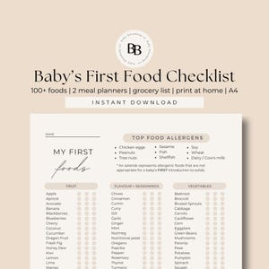 Baby First Food-tabel Maaltijdplan pdf Neutrale babyvoeding-tracker startende vaste stoffen Controlelijst babyvoeding spenen baby-trackinggrafiek Babyplanner