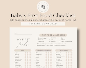 Baby First Food Chart Meal Plan PDF Neutral Baby Food Tracker Starting Solids Baby Led Weaning Checklist Infant Tracking Chart Baby Planner