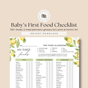 Baby’s First Foods Checklist | 104 BLW & Starting Solids Ideas | Baby Meal Planner | New Parent Must-Have | Printable Weaning Tracker PDF