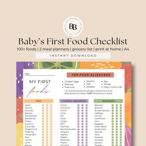 Checklist baby First Foods Afdrukbare First Foods Checklist babyvoeding Tracker Maaltijdschema Baby led spenen Trackingschema voor baby's BLW afdrukbare pdf