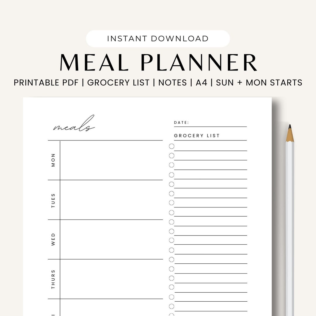 Weekly Meal Plan Minimal Food Diary Meal Prep Planner Printable 7day ...