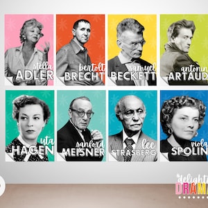 May include: A set of eight colorful cards featuring black and white portraits of famous actors and actresses. Each card has a different background color and features the name of the person in white text. The names include Stella Adler, Bertolt Brecht, Samuel Beckett, Antonin Artaud, Uta Hagen, Sanford Meisner, Lee Strasberg, and Viola Spolin.