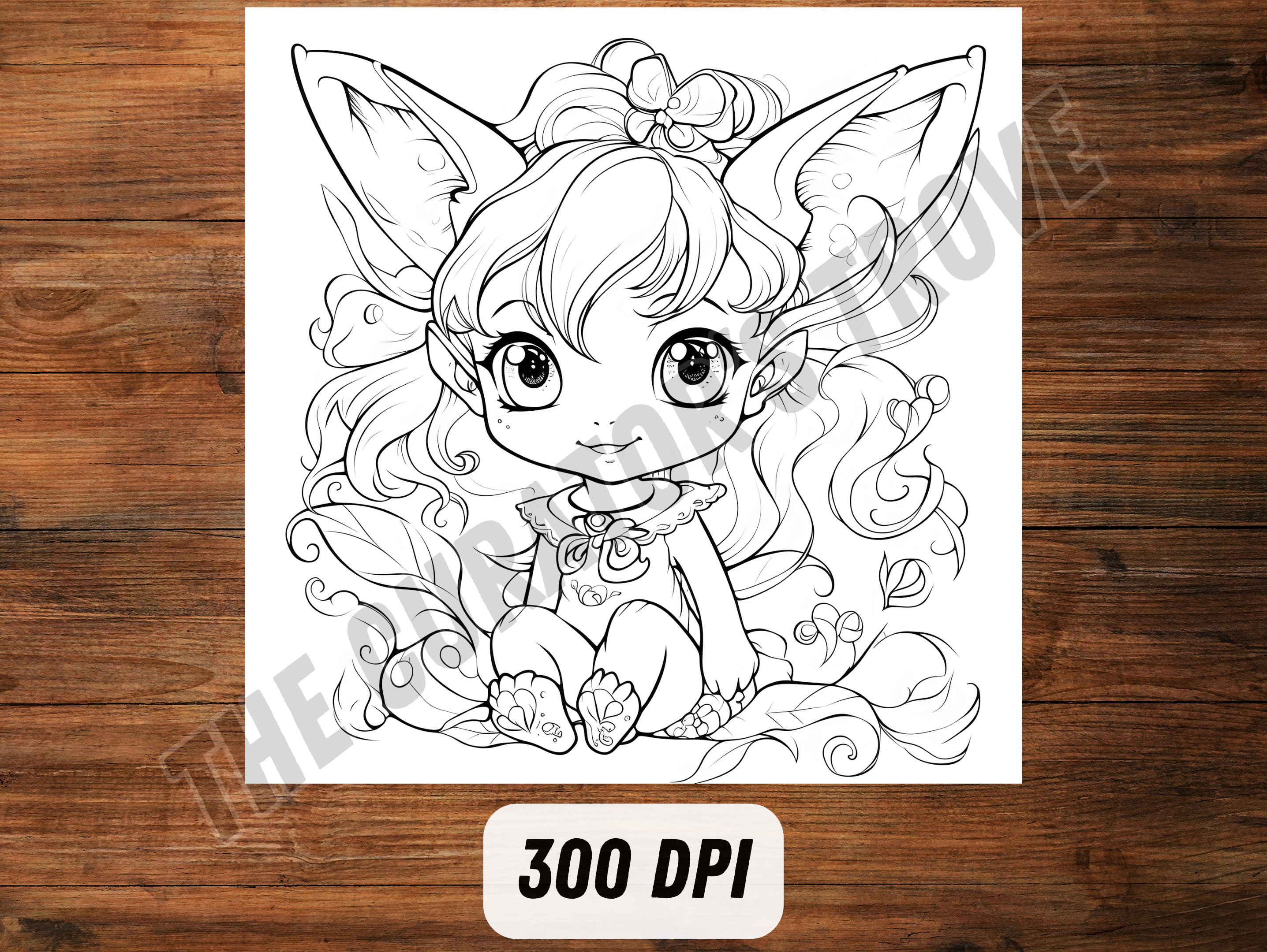 Kawaii Anime Fox Girl Coloring Page for Kids, Chibi Style Line Art