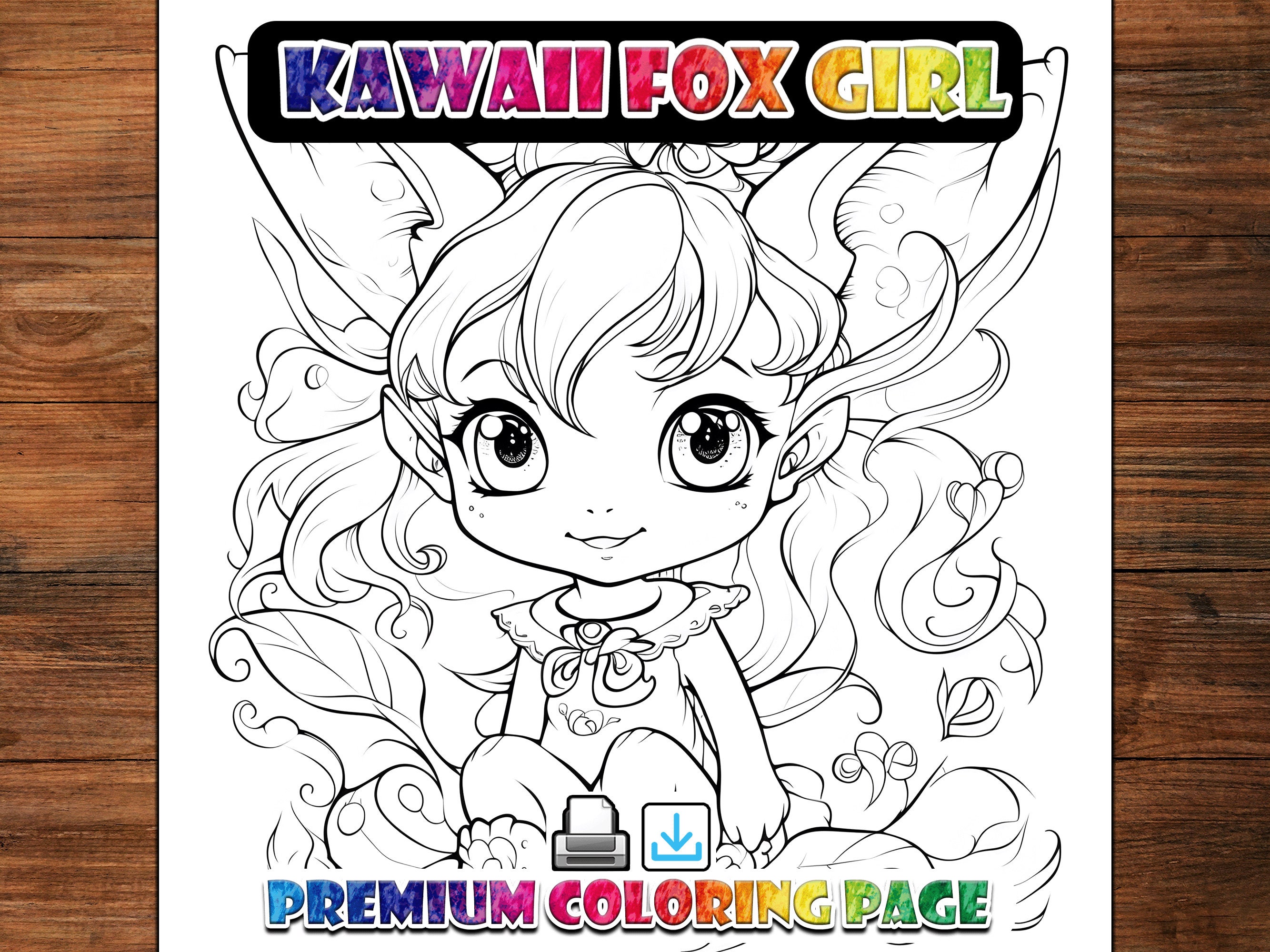 Kawaii Anime Fox Girl Coloring Page for Kids, Chibi Style Line Art ...