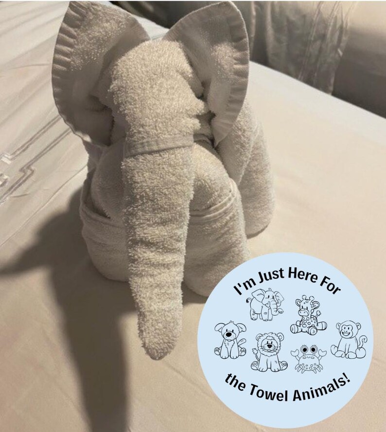 Pu&ograve; includere: Un asciugamano bianco piegato a forma di elefante. Un cerchio blu con il testo "Sono qui solo per gli animali di asciugamano!" e illustrazioni di diversi animali di asciugamano &egrave; in primo piano.