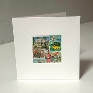 Carte de voeux JAMAQUE faite main - Fabriquée avec des timbres-poste authentiques - Vierge à l'intérieur - Parfaite pour toutes les occasions