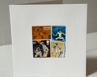 Handmade FENCING Greeting Card - Crafted with vintage authentic postage stamps - Blank Inside