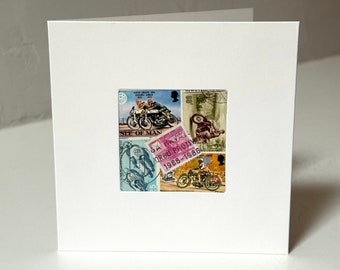 Handmade Motorcycle Greeting Card - Made with vintage worldwide postage stamps - Blank inside - Perfect for any occasion!