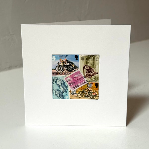 Handmade Motorcycle Greeting Card - Made with vintage worldwide postage stamps - Blank inside - Perfect for any occasion!