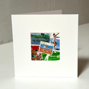 Handgefertigte TENNIS Grußkarte - Hergestellt mit authentischen Briefmarken - Innen leer - Perfekt für jeden Anlass