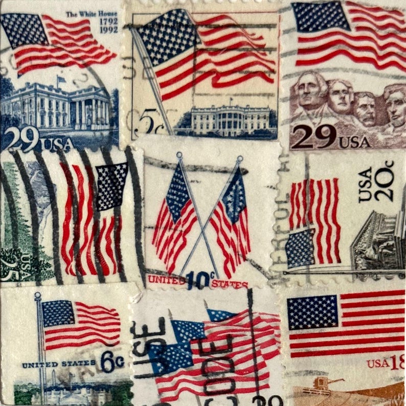 Handmade USA / AMERICA Greeting Card. Crafted with vintage USA postage stamps. American flag theme (with white card stock). Blank inside. Perfect for any occasion such as 4th of July, Independence Day, Veteran's Day, memorial day, Labor Day, Happy Birthday, Thank you, Congratulations, and more!