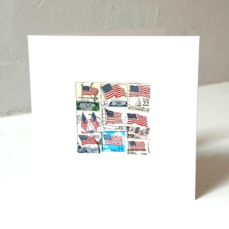 Handmade USA / AMERICA Greeting Card. Crafted with vintage USA postage stamps. American flag theme (with white card stock). Blank inside. Perfect for any occasion such as 4th of July, Independence Day, Veteran's Day, memorial day, Labor Day, Happy Birthday, Thank you, Congratulations, and more!
