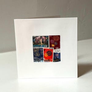 Handgemachte Neujahrs / FEUERWERKS / Diwali Grußkarte - Mit authentischen Briefmarken gefertigt - Innen leer - Perfekt für jeden Anlass