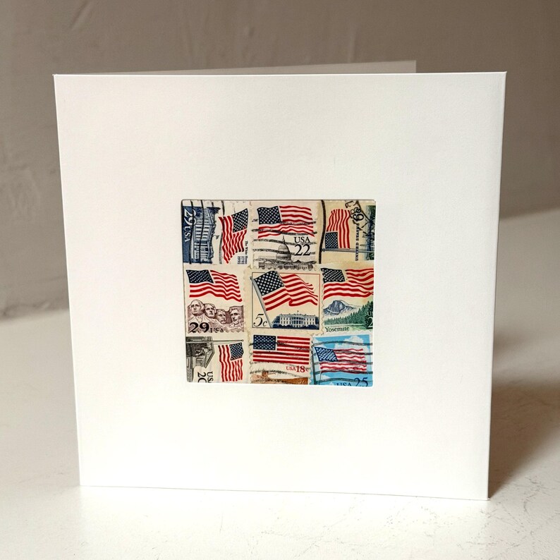 Handmade USA / AMERICA Greeting Card. Crafted with vintage USA postage stamps. American flag theme (with white card stock). Blank inside. Perfect for any occasion such as 4th of July, Independence Day, Veteran's Day, memorial day, Labor Day, Happy Birthday, Thank you, Congratulations, and more!