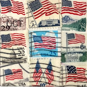 Handmade USA / AMERICA Greeting Card. Crafted with vintage USA postage stamps. American flag theme (with white card stock). Blank inside. Perfect for any occasion such as 4th of July, Independence Day, Veteran's Day, memorial day, Labor Day, Happy Birthday, Thank you, Congratulations, and more!
