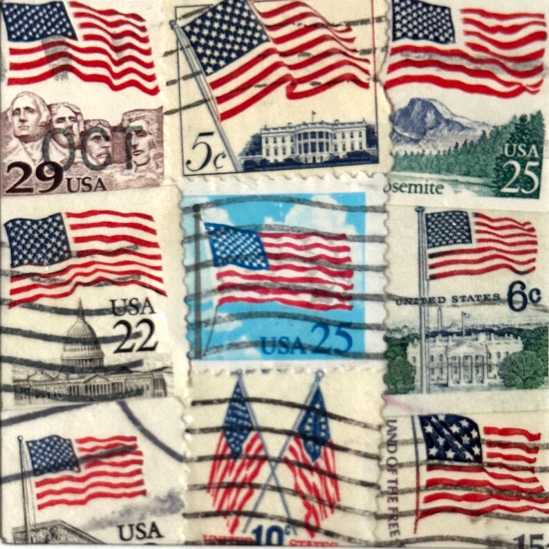 Handmade USA / AMERICA Greeting Card. Crafted with vintage USA postage stamps. American flag theme (with white card stock). Blank inside. Perfect for any occasion such as 4th of July, Independence Day, Veteran's Day, memorial day, Labor Day, Happy Birthday, Thank you, Congratulations, and more!