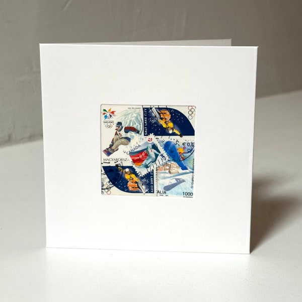 Handmade SNOWBOARDING Greeting Card - Made with authentic postage stamps - Blank Inside - Perfect for any occasion!