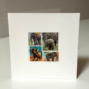 Carte d'éléphant faite main - Intérieur vierge - Fabriquée à l'aide de timbres-poste vintage du monde entier - Parfaite pour un anniversaire, un anniversaire ou un remerciement