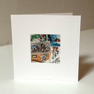 Handgemachte Grußkarte zum Thema Radfahren / Radfahrer / Biking - Hergestellt mit authentischen Briefmarken - Innen leer - Perfekt für jeden Anlass