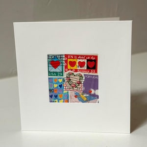 Carte de voeux Saint-Valentin / AMOUR faite main - Fabriquée avec des timbres-poste authentiques - Vierge à l'intérieur - Parfaite pour toutes les occasions