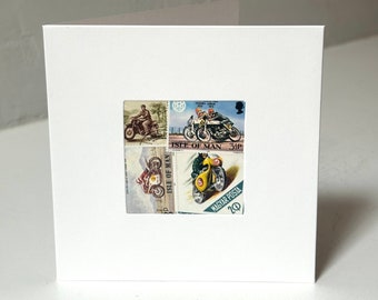 Handmade Motorcycle Greeting Card - Made with vintage worldwide postage stamps - Blank inside - Perfect for any occasion!