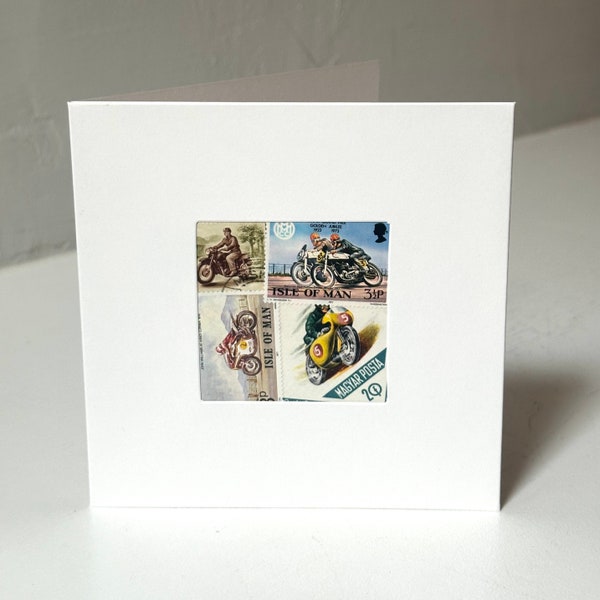 Handmade Motorcycle Greeting Card - Made with vintage worldwide postage stamps - Blank inside - Perfect for any occasion!