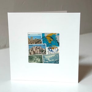 Carte de voeux GRÈCE / ATHÈNES / GRECQUE / Hellas faite main - Fabriquée avec des timbres-poste authentiques - Vierge à l'intérieur - Parfaite pour toutes les occasions