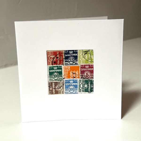 Handgefertigte Dänemark-/Danmark-/dänische Grußkarte – hergestellt mit authentischen Briefmarken – innen leer – perfekt für jeden Anlass