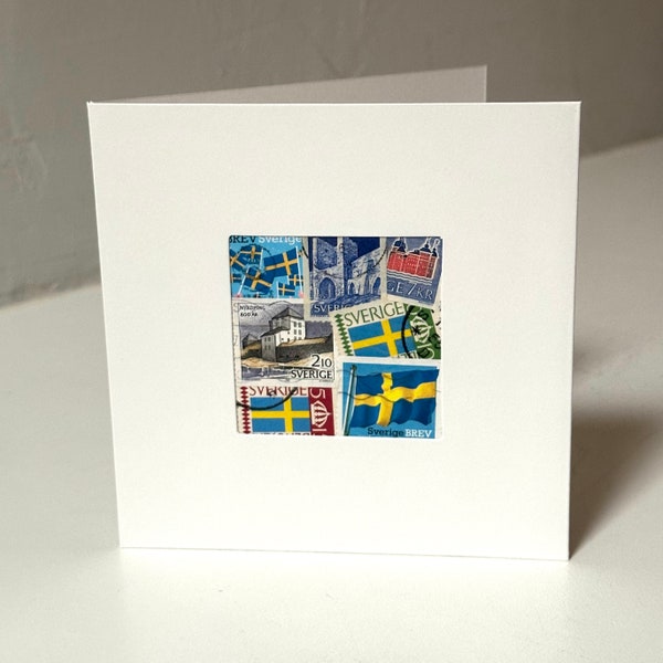 Tarjeta de felicitación SUECIA / SVERIGE hecha a mano - Hecha con sellos postales auténticos - Interior en blanco - Perfecto para cualquier ocasión