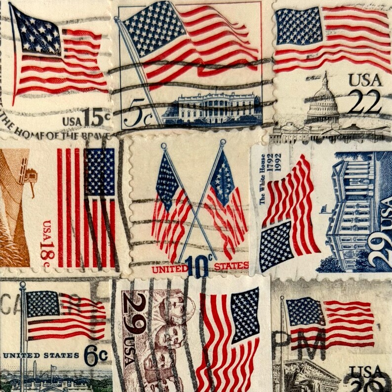 Handmade USA / AMERICA Greeting Card. Crafted with vintage USA postage stamps. American flag theme (with white card stock). Blank inside. Perfect for any occasion such as 4th of July, Independence Day, Veteran's Day, memorial day, Labor Day, Happy Birthday, Thank you, Congratulations, and more!