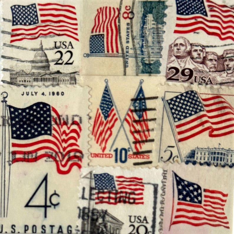 Handmade USA / AMERICA Greeting Card. Crafted with vintage USA postage stamps. American flag theme (with white card stock). Blank inside. Perfect for any occasion such as 4th of July, Independence Day, Veteran's Day, memorial day, Labor Day, Happy Birthday, Thank you, Congratulations, and more!