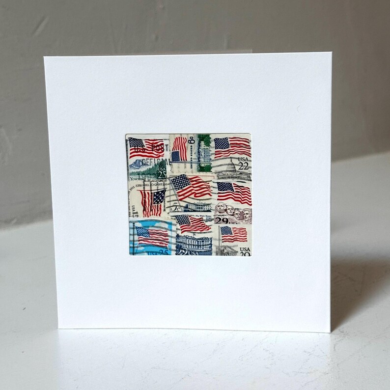 Handmade USA / AMERICA Greeting Card. Crafted with vintage USA postage stamps. American flag theme (with white card stock). Blank inside. Perfect for any occasion such as 4th of July, Independence Day, Veteran's Day, memorial day, Labor Day, Happy Birthday, Thank you, Congratulations, and more!