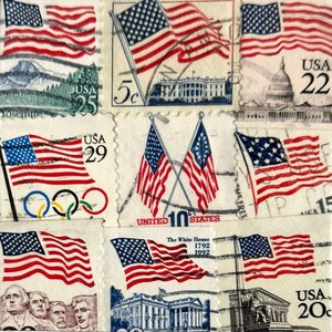Handmade USA / AMERICA Greeting Card. Crafted with vintage USA postage stamps. American flag theme (with white card stock). Blank inside. Perfect for any occasion such as 4th of July, Independence Day, Veteran's Day, memorial day, Labor Day, Happy Birthday, Thank you, Congratulations, and more!