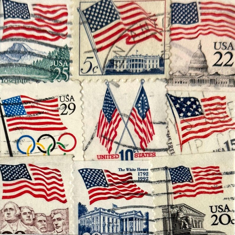 Handmade USA / AMERICA Greeting Card. Crafted with vintage USA postage stamps. American flag theme (with white card stock). Blank inside. Perfect for any occasion such as 4th of July, Independence Day, Veteran's Day, memorial day, Labor Day, Happy Birthday, Thank you, Congratulations, and more!